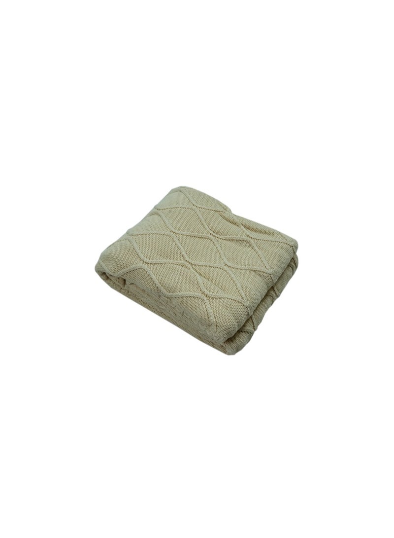 Ambrosia Diamond Cotton Knitted Throw Beige - 130 x 160 cm - 400GSM - Image 4